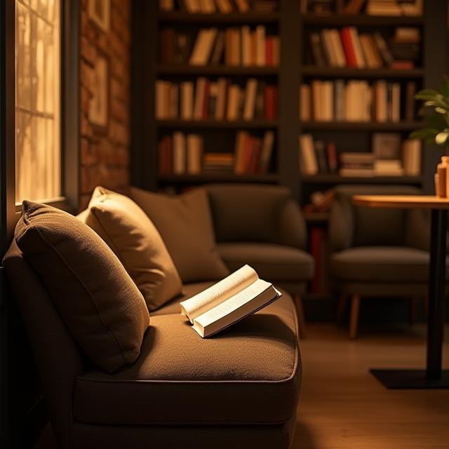 Inside Collins Street Books, a cosy reading nook.