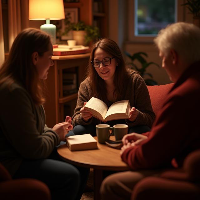 Book club members discussing novels in a cosy circle.