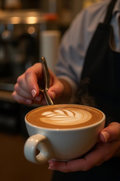 Barista pouring latte art at Collins Street Books cafƩ.