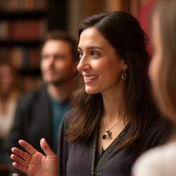 Anita discussing books at an event.