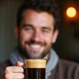 Liam holding a freshly brewed coffee.