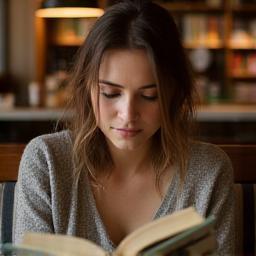 Samantha reading in the coffee corner.